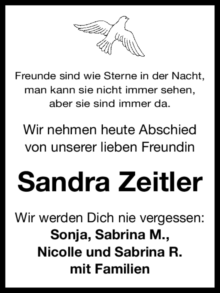  Traueranzeige für Sandra Zeitler vom 20.01.2012 aus Gesamtausgabe Nürnberger Nachrichten / Nürnberger Zeitung