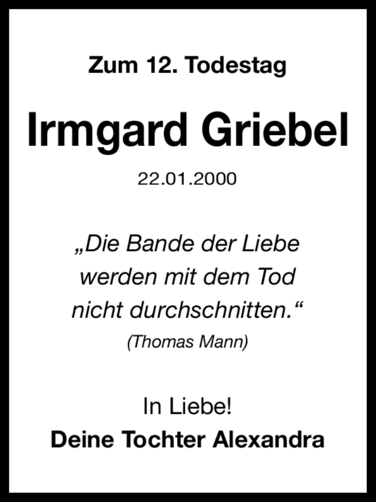  Traueranzeige für Irmgard Griebel vom 21.01.2012 aus Erlanger Nachrichten Lokal
