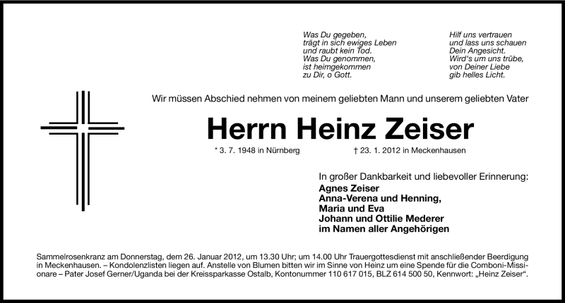  Traueranzeige für Heinz Zeiser vom 25.01.2012 aus Roth-Hilpoltsteiner Volkszeitung Lokal
