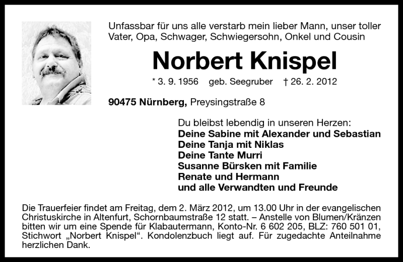  Traueranzeige für Norbert Knispel vom 29.02.2012 aus Gesamtausgabe Nürnberger Nachrichten / Nürnberger Zeitung