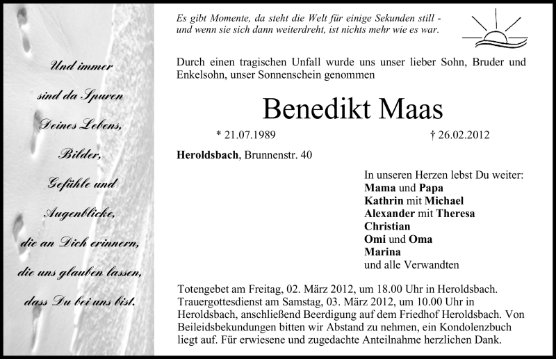  Traueranzeige für Benedikt Maas vom 01.03.2012 aus Nordbayerische Nachrichten Forchheim Lokal