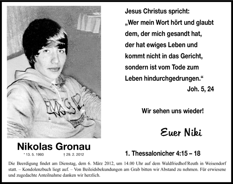 Traueranzeige für Nikolas Gronau vom 05.03.2012 aus Nordbayerische Nachrichten Herzogenaurach Lokal