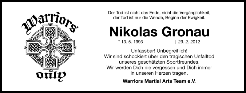  Traueranzeige für Nikolas Gronau vom 06.03.2012 aus Nordbayerische Nachrichten Herzogenaurach Lokal