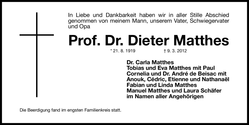  Traueranzeige für Dieter Matthes vom 17.03.2012 aus Gesamtausgabe Nürnberger Nachrichten/Nürnberger Ztg.