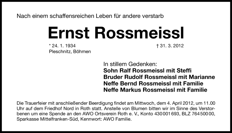  Traueranzeige für Ernst Rossmeissl vom 02.04.2012 aus Roth-Hilpoltsteiner Volkszeitung Lokal