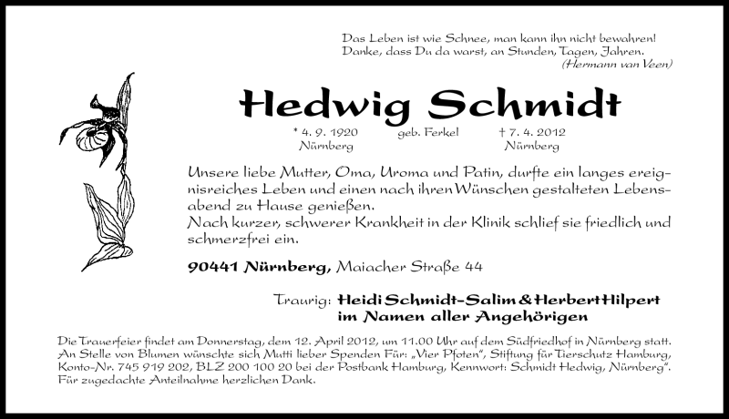  Traueranzeige für Hedwig Schmidt vom 10.04.2012 aus Gesamtausgabe Nürnberger Nachrichten/Nürnberger Ztg.