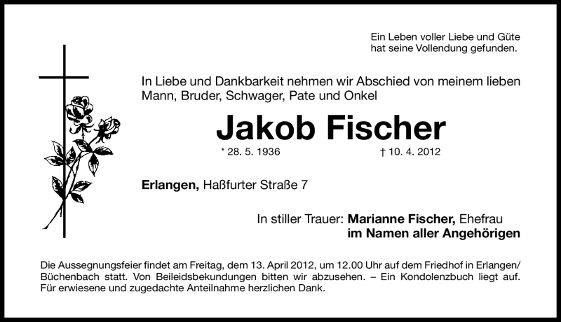  Traueranzeige für Jakob Fischer vom 12.04.2012 aus Erlanger Nachrichten Lokal