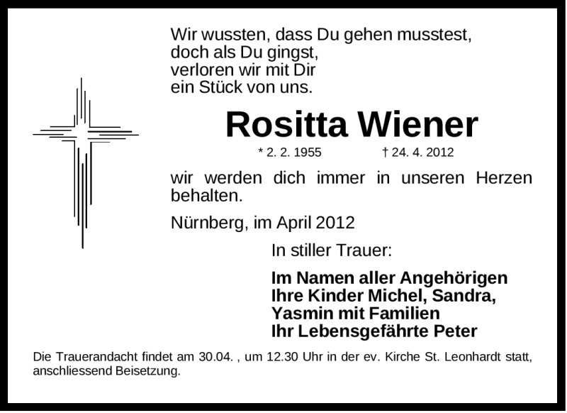  Traueranzeige für Rositta Wiener vom 30.04.2012 aus Gesamtausgabe Nürnberger Nachrichten/Nürnberger Ztg.