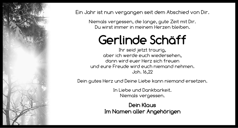  Traueranzeige für Gerlinde Schäff vom 01.05.2012 aus Gesamtausgabe Nürnberger Nachrichten/Nürnberger Ztg.