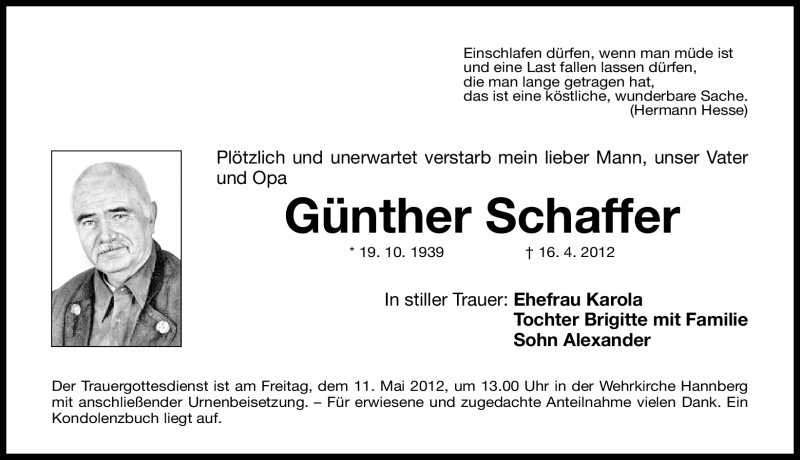  Traueranzeige für Günther Schaffer vom 05.05.2012 aus Nordbayerische Nachrichten Herzogenaurach Lokal