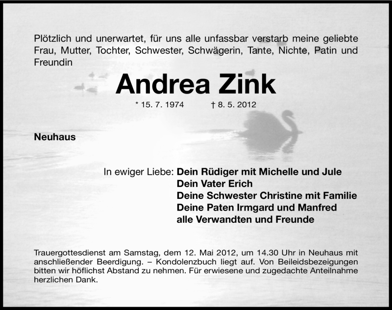  Traueranzeige für Andrea Zink vom 10.05.2012 aus Nordbayerische Nachrichten Herzogenaurach Lokal