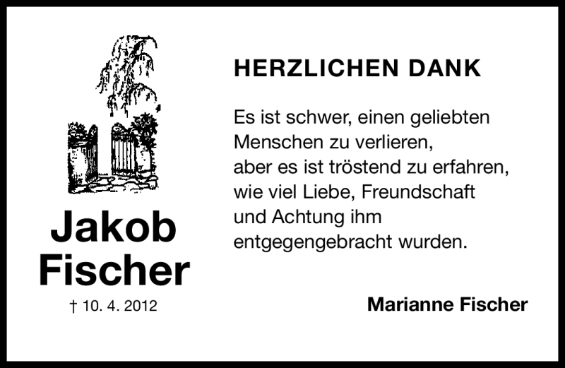  Traueranzeige für Jakob Fischer vom 12.05.2012 aus Erlanger Nachrichten Lokal