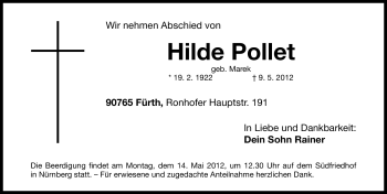 Traueranzeige von Hilde Pollet von Gesamtausgabe Nürnberger Nachrichten/ Nürnberger Ztg.