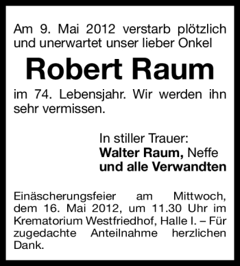 Traueranzeige von Robert Raum von Gesamtausgabe Nürnberger Nachrichten/ Nürnberger Ztg.