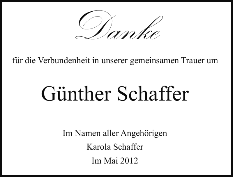  Traueranzeige für Günther Schaffer vom 19.05.2012 aus Nordbayerische Nachrichten Herzogenaurach Lokal