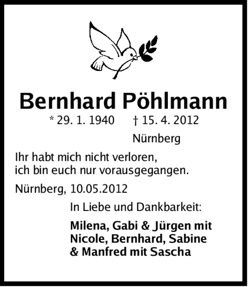  Traueranzeige für Bernhard Pöhlmann vom 19.05.2012 aus Gesamtausgabe Nürnberger Nachrichten/ Nürnberger Ztg.