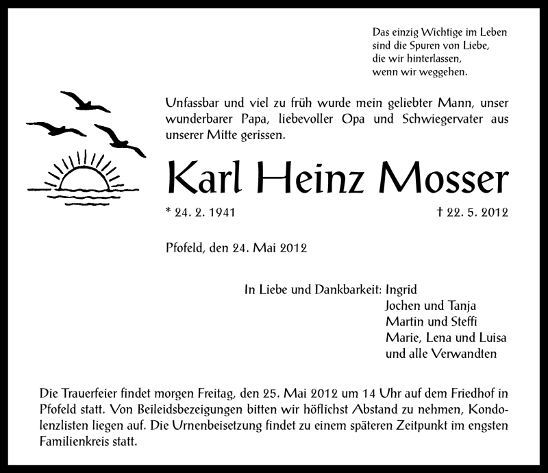  Traueranzeige für Karl Heinz Mosser vom 24.05.2012 aus Altmühl-Bote Lokal
