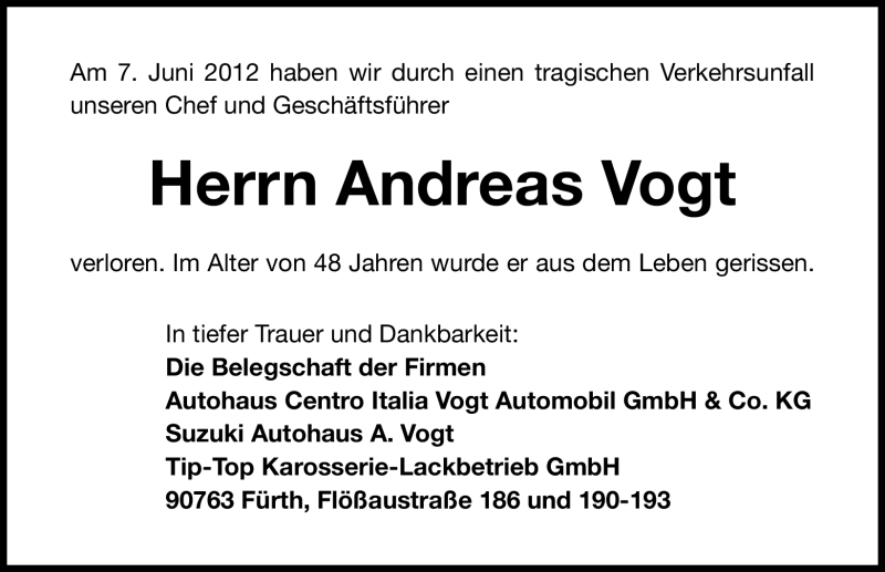 Traueranzeige für Andreas Vogt vom 13.06.2012 aus Gesamtausgabe Nürnberger Nachrichten/ Nürnberger Ztg.