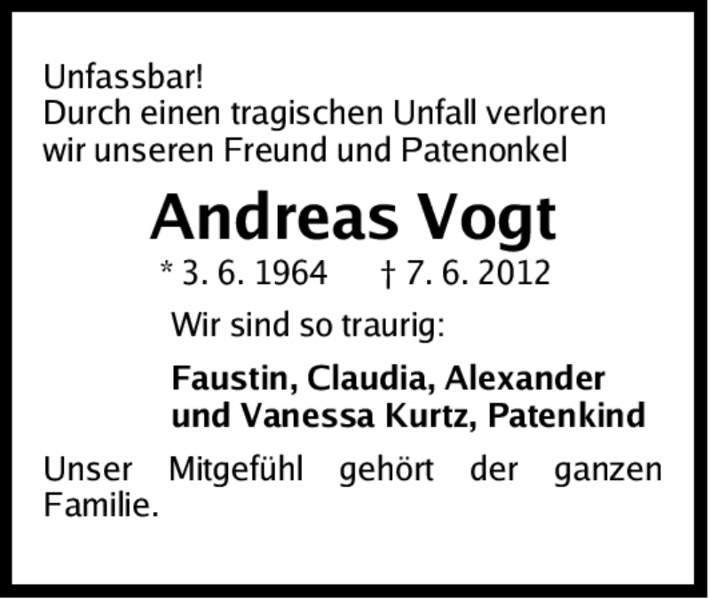  Traueranzeige für Andreas Vogt vom 14.06.2012 aus Gesamtausgabe Nürnberger Nachrichten/ Nürnberger Ztg.