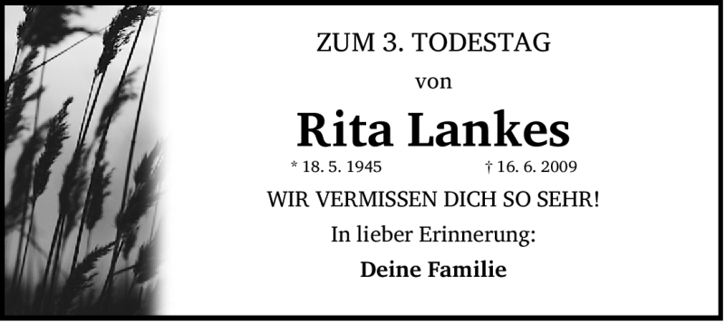 Traueranzeige für Rita Lankes vom 16.06.2012 aus Nordbayerische Nachrichten Herzogenaurach Lokal