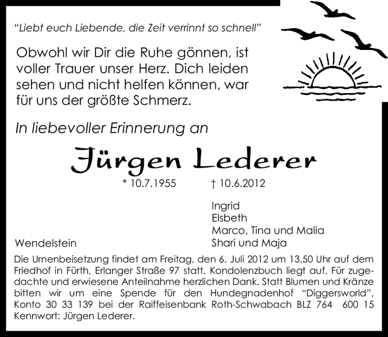  Traueranzeige für Jürgen Lederer vom 30.06.2012 aus Gesamtausgabe Nürnberger Nachrichten/ Nürnberger Ztg.