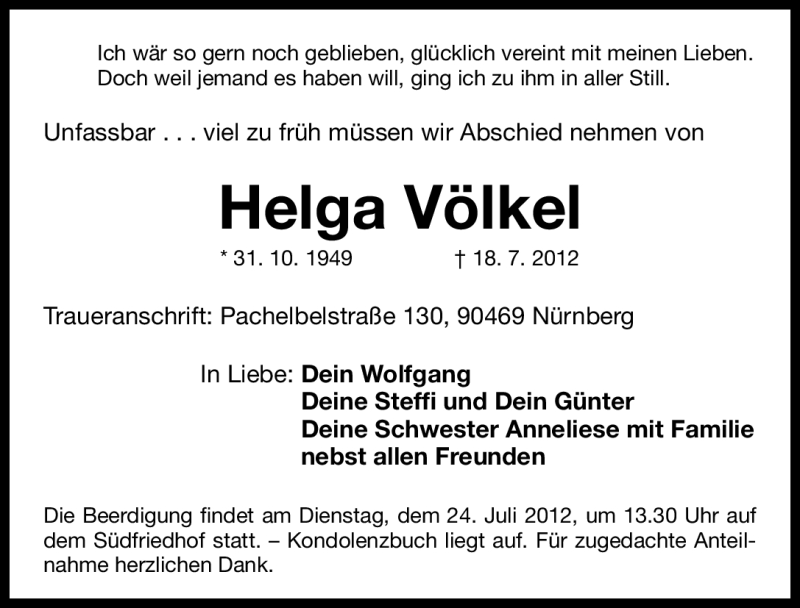  Traueranzeige für Helga Völkel vom 21.07.2012 aus Gesamtausgabe Nürnberger Nachrichten/ Nürnberger Ztg.