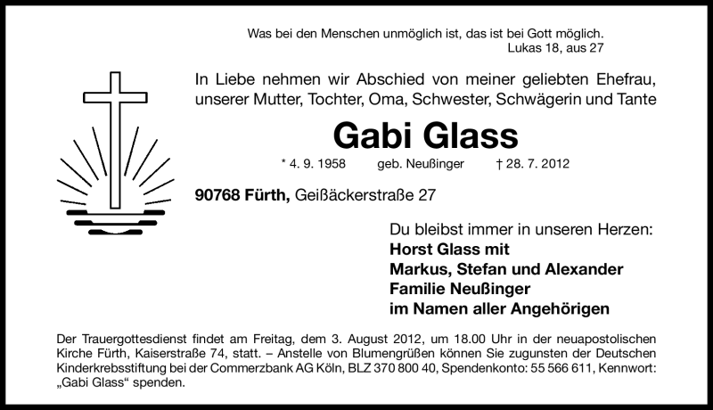  Traueranzeige für Gabi Glass vom 01.08.2012 aus Fürther Nachrichten Lokal