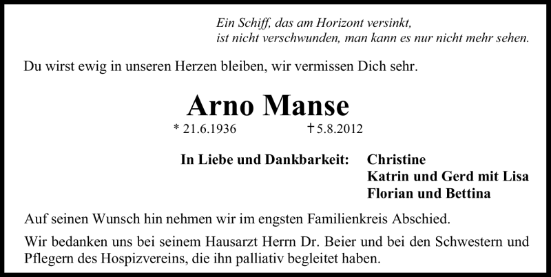  Traueranzeige für Arno Manse vom 07.08.2012 aus Erlanger Nachrichten Lokal