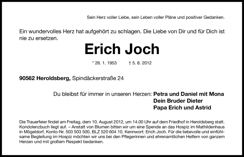  Traueranzeige für Erich Joch vom 08.08.2012 aus Gesamtausgabe Nürnberger Nachrichten/ Nürnberger Ztg.