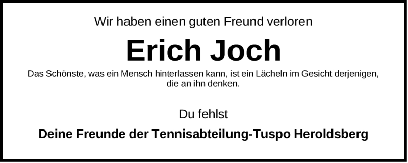 Traueranzeige für Erich Joch vom 09.08.2012 aus Gesamtausgabe Nürnberger Nachrichten/ Nürnberger Ztg.