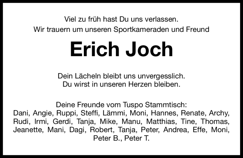  Traueranzeige für Erich Joch vom 09.08.2012 aus Gesamtausgabe Nürnberger Nachrichten/ Nürnberger Ztg.