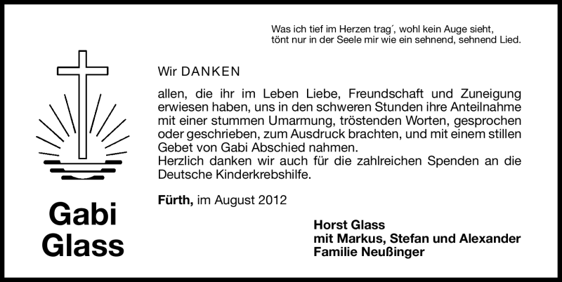  Traueranzeige für Gabi Glass vom 11.08.2012 aus Fürther Nachrichten Lokal