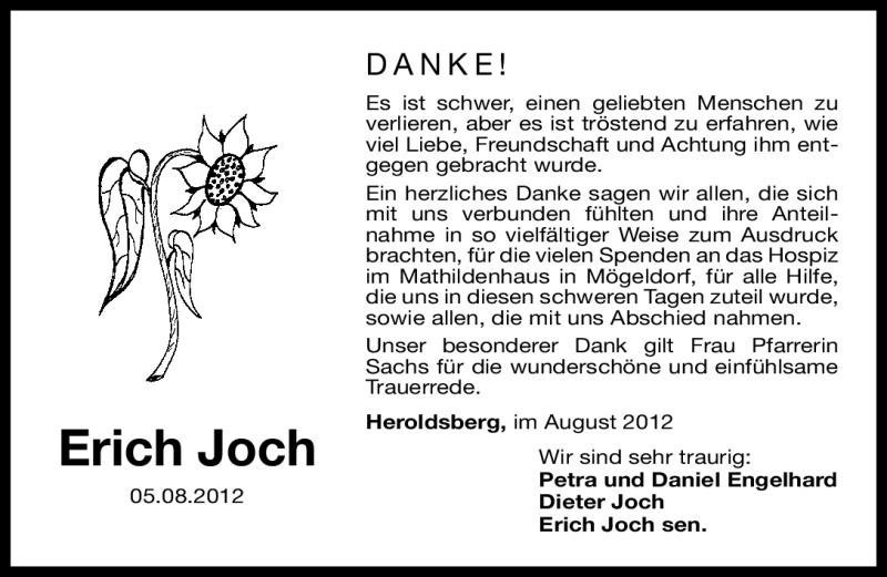  Traueranzeige für Erich Joch vom 18.08.2012 aus Gesamtausgabe Nürnberger Nachrichten/ Nürnberger Ztg.