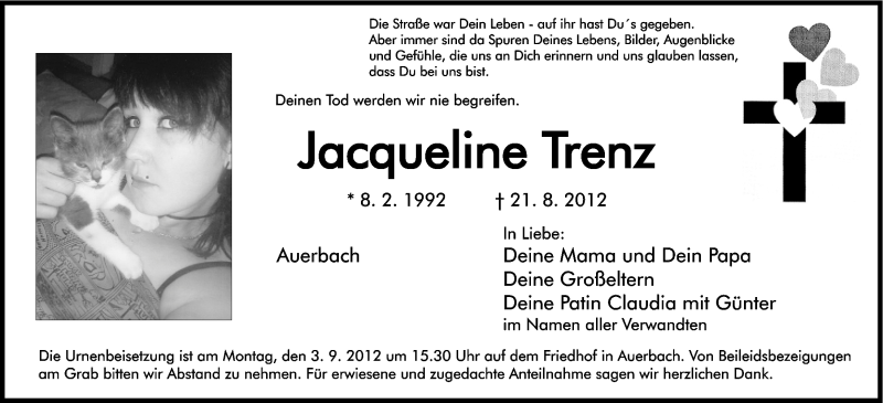  Traueranzeige für Jacqueline Trenz vom 30.08.2012 aus Nordbayerische Nachrichten Pegnitz Lokal