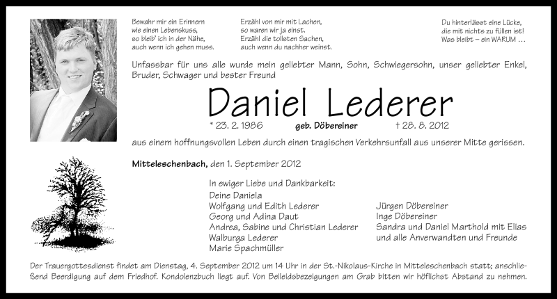  Traueranzeige für Daniel Lederer vom 01.09.2012 aus Altmühl-Bote Lokal