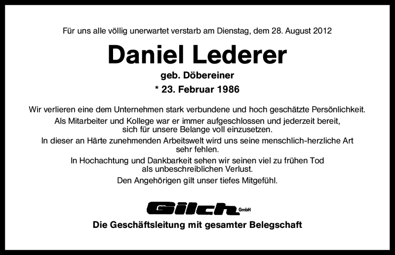  Traueranzeige für Daniel Lederer vom 01.09.2012 aus Altmühl-Bote Lokal