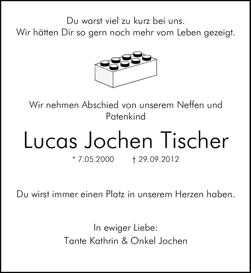  Traueranzeige für Lucas Jochen Tischer vom 03.10.2012 aus Fürther Nachrichten Lokal