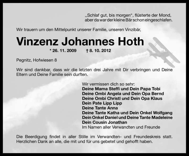  Traueranzeige für Vinzenz Johannes Hoth vom 10.10.2012 aus Nordbayerische Nachrichten Pegnitz Lokal