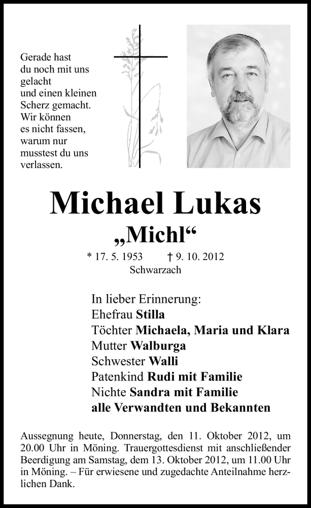  Traueranzeige für Michael Lukas vom 11.10.2012 aus Neumarkter Nachrichten Lokal