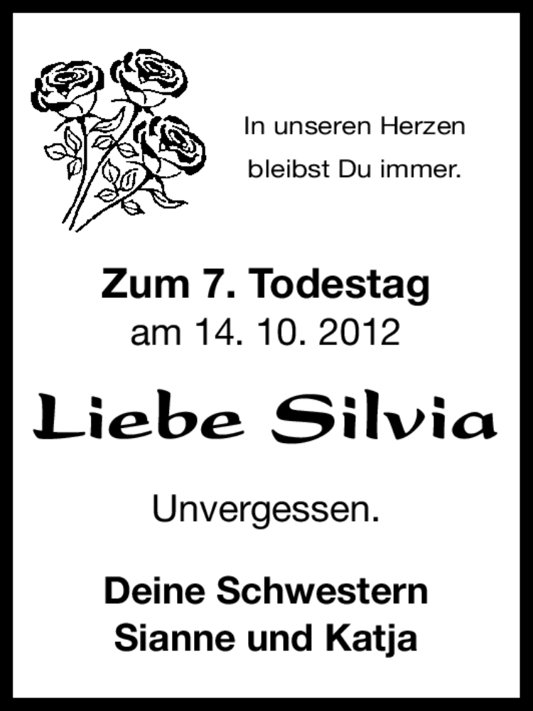  Traueranzeige für Silvia Dicker vom 13.10.2012 aus Erlanger Nachrichten Lokal
