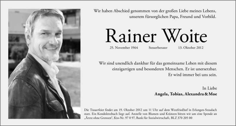  Traueranzeige für Rainer Woite vom 16.10.2012 aus Erlanger Nachrichten Lokal