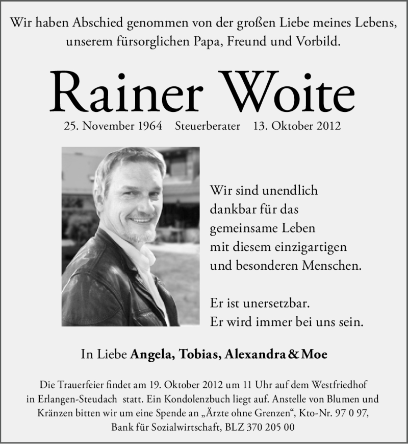  Traueranzeige für Rainer Woite vom 16.10.2012 aus Gesamtausgabe Nürnberger Nachrichten/ Nürnberger Ztg.
