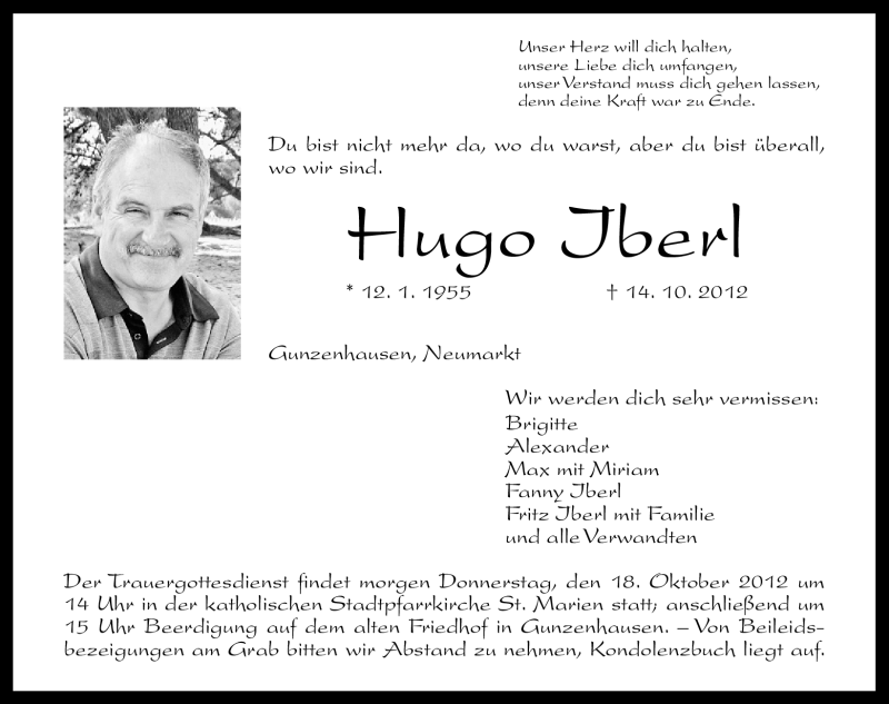  Traueranzeige für Hugo Iberl vom 17.10.2012 aus Altmühl-Bote Lokal