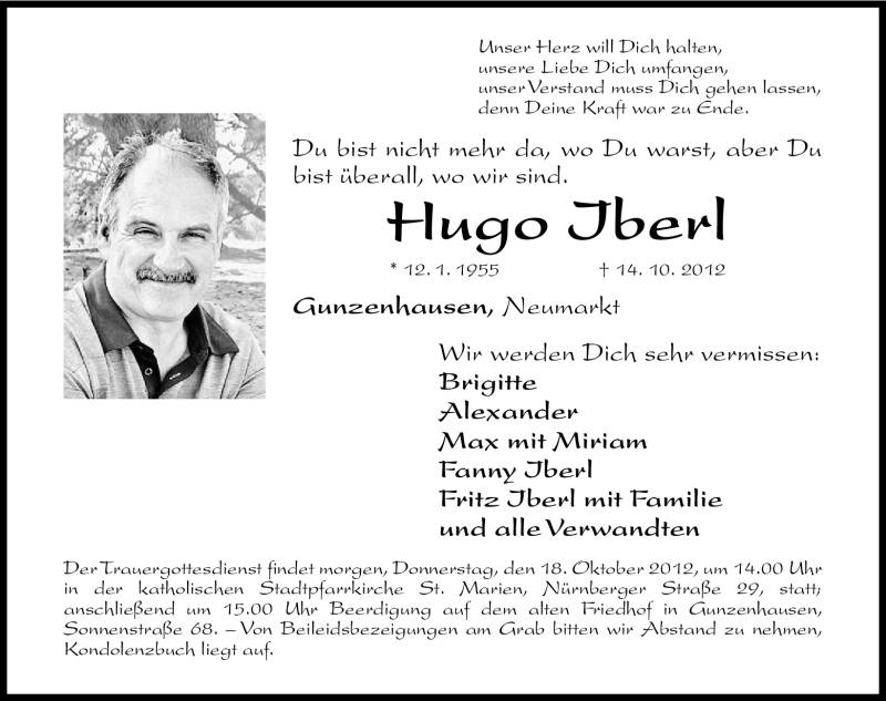 Traueranzeige für Hugo Iberl vom 17.10.2012 aus Neumarkter Nachrichten Lokal