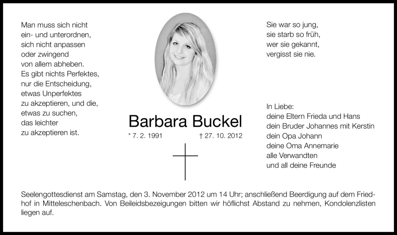  Traueranzeige für Barbara Buckel vom 01.11.2012 aus Altmühl-Bote Lokal