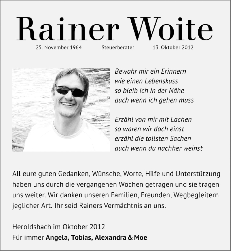  Traueranzeige für Rainer Woite vom 03.11.2012 aus Gesamtausgabe Nürnberger Nachrichten/ Nürnberger Ztg.