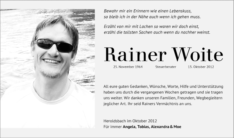  Traueranzeige für Rainer Woite vom 03.11.2012 aus Erlanger Nachrichten Lokal