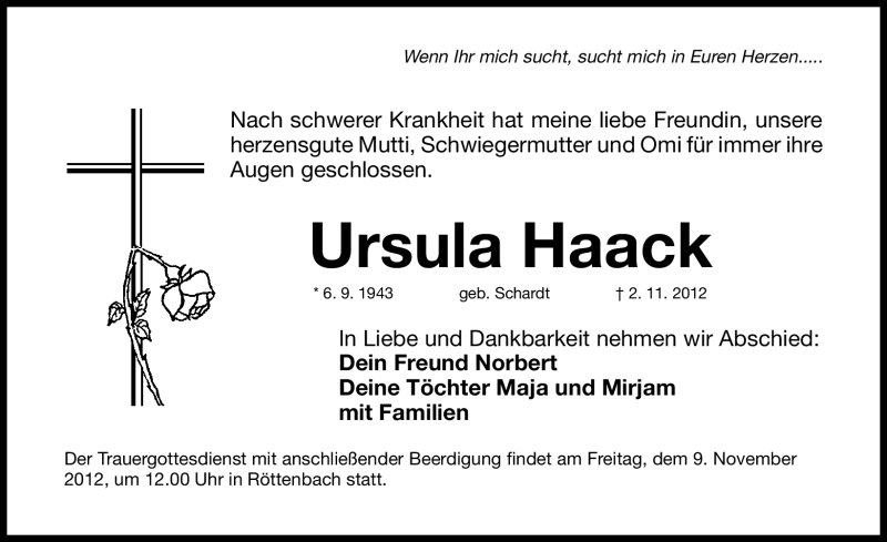  Traueranzeige für Ursula Haack vom 07.11.2012 aus Nordbayerische Nachrichten Herzogenaurach Lokal