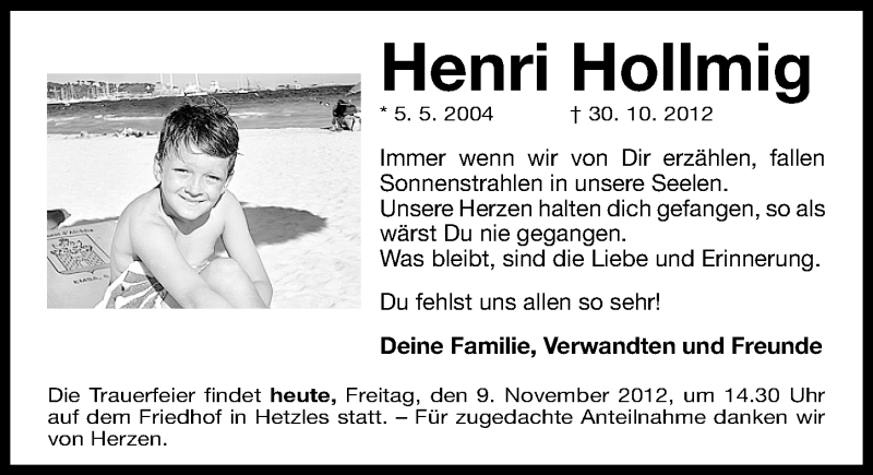  Traueranzeige für Henri Hollmig vom 09.11.2012 aus Erlanger Nachrichten Lokal
