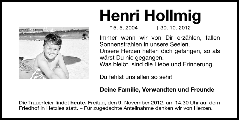  Traueranzeige für Henri Hollmig vom 09.11.2012 aus Nordbayerische Nachrichten Forchheim Lokal